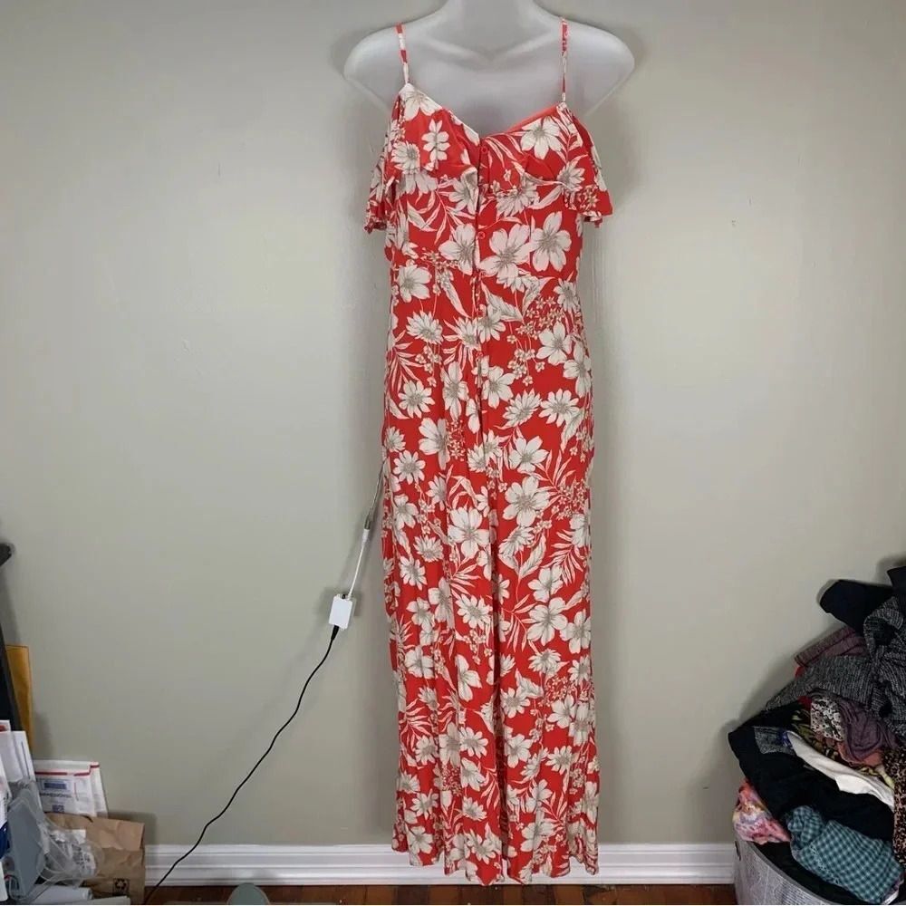Floral Red Cream Button front ruffle Detail Long Dress with Slit Medium Boho